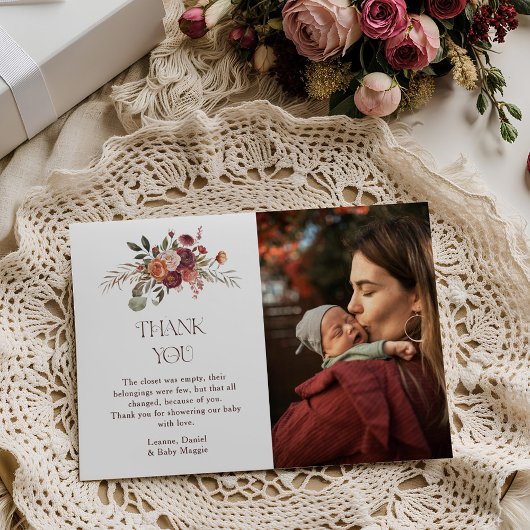 Autumn Blooms Pumpkin Photo Baby Shower サンキューカード