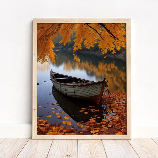 Autumn Boat on a Tranquil River Wall Art ポスター
