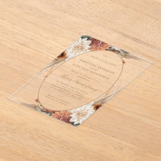 Autumn Boho Floral Oval Border Wedding | アクリル招待状 (レイダウン)