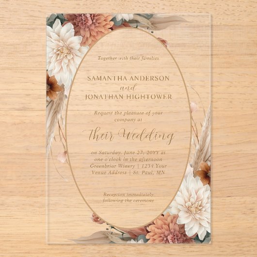 Autumn Boho Floral Oval Border Wedding | アクリル招待状 (正面)