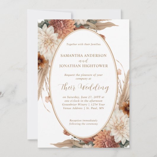 Autumn Boho Floral Oval Border Wedding | 招待状 (正面)