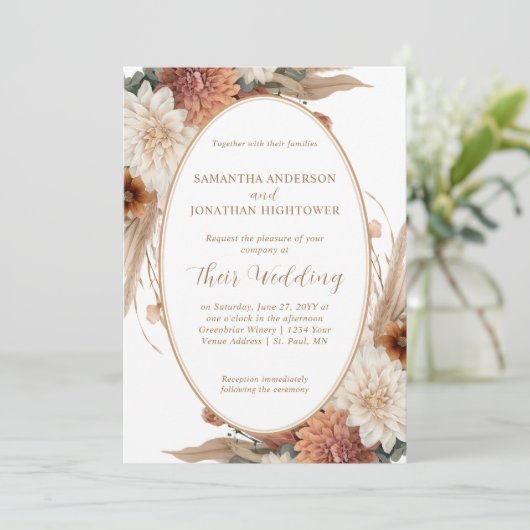 Autumn Boho Floral Oval Border Wedding | 招待状 (スタンド正面)