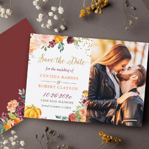Autumn Botanical Floral Gold Script Photo セーブザデート