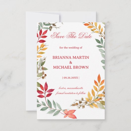 Autumn Botanical Leaves Frame セーブザデート (正面)