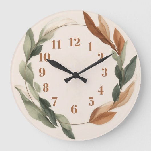 Autumn Botanical Wall Clock with Earthy Leaves ラージ壁時計 (正面)