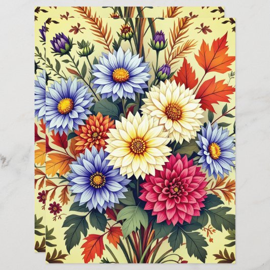 Autumn Bouquet Asters and Dahlias Scrapbook Paper (正面/裏面)