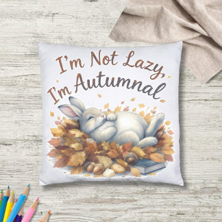 Autumn Bunny in Leaves with Funny Lazy Quote クッション