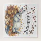 Autumn Bunny in Leaves with Funny Lazy Quote ジグソーパズル (横)