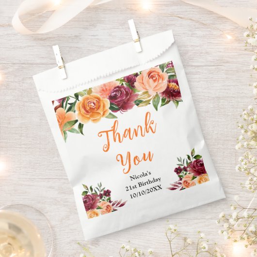Autumn Burgundy and Orange Birthday Thank You フェイバーバッグ (クリップ留めされた状態)