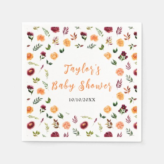 Autumn Burgundy and Orange Floral Baby Shower スタンダードカクテルナプキン (正面)