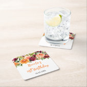 Autumn Burgundy and Orange Floral Birthday スクエアペーパーコースター (インサイチュ)