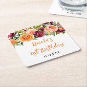 Autumn Burgundy and Orange Floral Birthday スクエアペーパーコースター (アングル)
