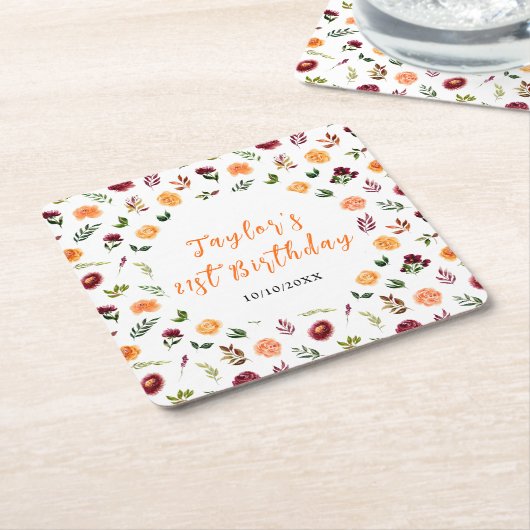Autumn Burgundy and Orange Floral Birthday スクエアペーパーコースター (アングル)