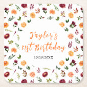 Autumn Burgundy and Orange Floral Birthday スクエアペーパーコースター (正面)