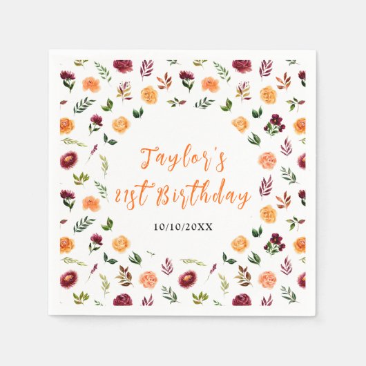 Autumn Burgundy and Orange Floral Birthday スタンダードカクテルナプキン (正面)