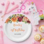 Autumn Burgundy and Orange Floral Birthday ペーパープレート (パーティー)