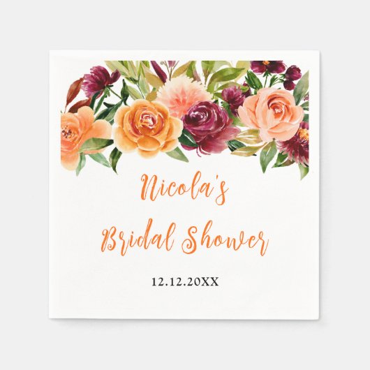 Autumn Burgundy and Orange Floral Bridal Shower スタンダードカクテルナプキン (正面)