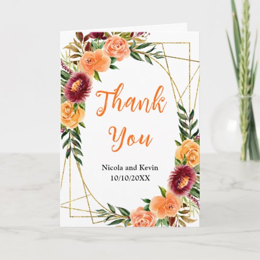 Autumn Burgundy and Orange Floral Wedding サンキューカード (正面)