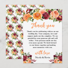 Autumn Burgundy and Orange Floral Wedding サンキューカード