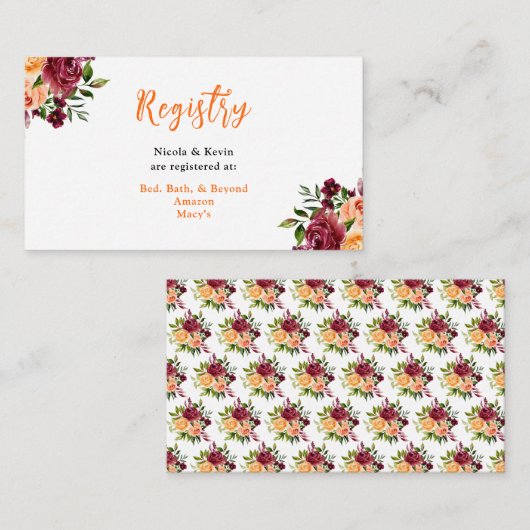 Autumn Burgundy and Orange Floral Wedding Registry エンクロージャーカード (正面/裏面)
