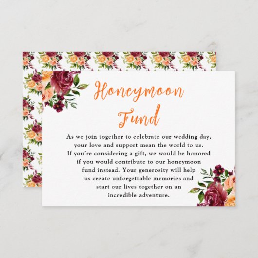 Autumn Burgundy and Orange Wedding Honeymoon Fund エンクロージャーカード (正面/裏面)