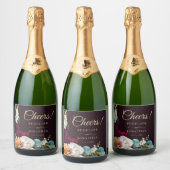 Autumn Burgundy Floral Gold Script Cheers! Wedding スパークリングワインラベル (ボトル)