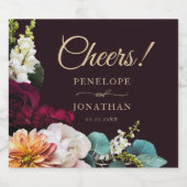 Autumn Burgundy Floral Gold Script Cheers! Wedding スパークリングワインラベル (シングルラベル)