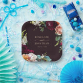 Autumn Burgundy Floral Gold Script Wedding ペーパープレート (パーティー)