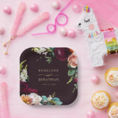 Autumn Burgundy Floral Gold Script Wedding ペーパープレート (パーティー)