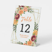 Autumn Burgundy Orange Floral Wedding Table Number 台座サイン (正面)