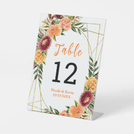 Autumn Burgundy Orange Floral Wedding Table Number 台座サイン