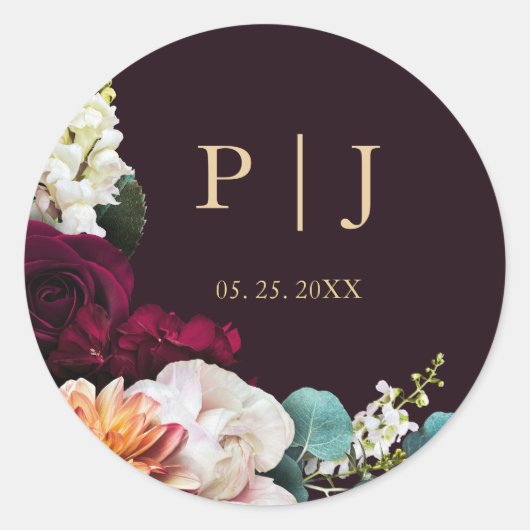 Autumn Burgundy Pink Floral Gold Monogram ラウンドシール (正面)