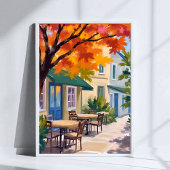 Autumn Cafe Watercolor Fall Foliage Art ポスター