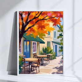 Autumn Cafe Watercolor Fall Foliage Art ポスター