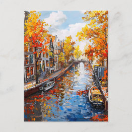Autumn Canal with Boats and Colorful Houses Painti ポストカード