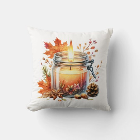 Autumn Candle & Fall Leaves Decorative Throw Pillo クッション (正面)