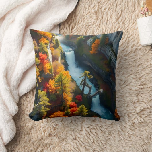 Autumn Canyon Waterfall – Vibrant Fall Forest Land クッション (ブランケット)