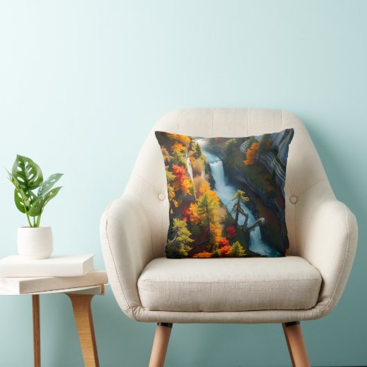 Autumn Canyon Waterfall – Vibrant Fall Forest Land クッション (椅子)