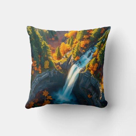 Autumn Canyon Waterfall – Vibrant Fall Forest Land クッション (裏面)