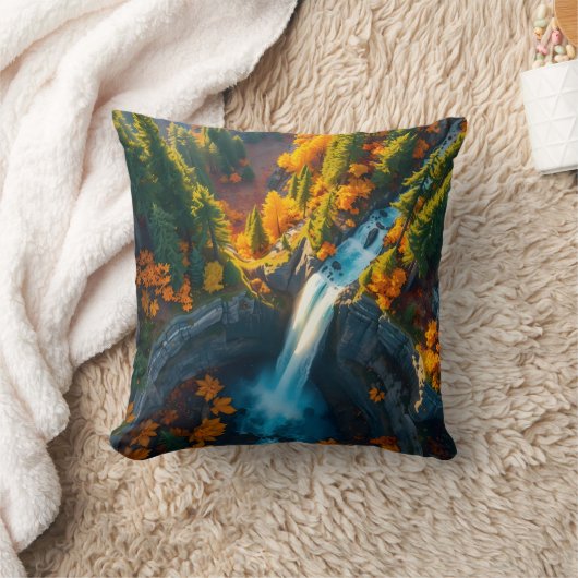 Autumn Canyon Waterfall – Vibrant Fall Forest Land クッション (ブランケット)