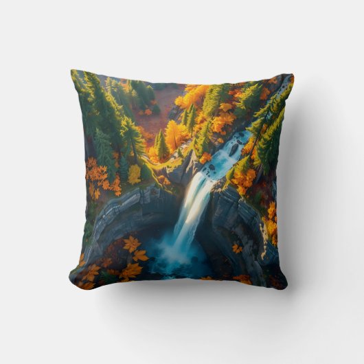 Autumn Canyon Waterfall – Vibrant Fall Forest Land クッション (正面)