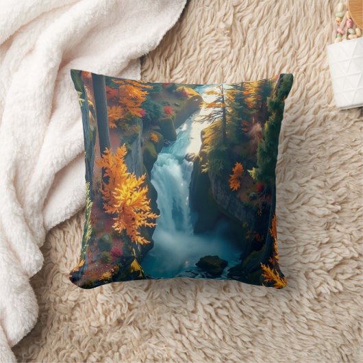 Autumn Canyon Waterfall – Vibrant Fall Forest Land クッション (ブランケット)