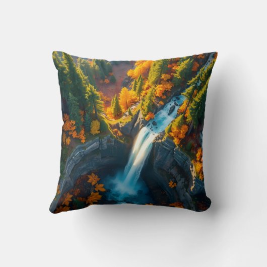 Autumn Canyon Waterfall – Vibrant Fall Forest Land クッション (裏面)
