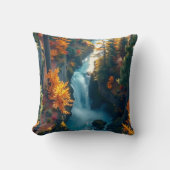 Autumn Canyon Waterfall – Vibrant Fall Forest Land クッション (正面)