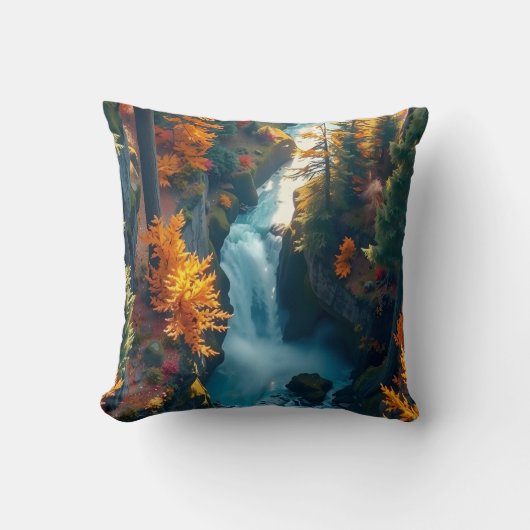 Autumn Canyon Waterfall – Vibrant Fall Forest Land クッション (正面)
