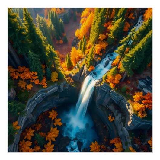 Autumn Canyon Waterfall – Vibrant Fall Forest Land ポスター (正面)