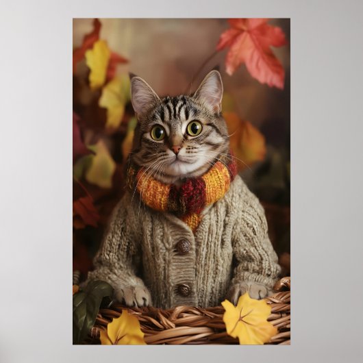Autumn Cat Art Print, Cozy Fall ポスター (正面)