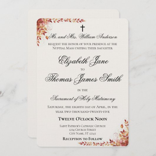 Autumn Catholic Red and Gold Wedding Invitation 招待状 (正面/裏面)