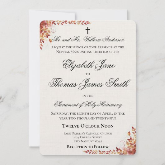 Autumn Catholic Red and Gold Wedding Invitation 招待状 (正面)
