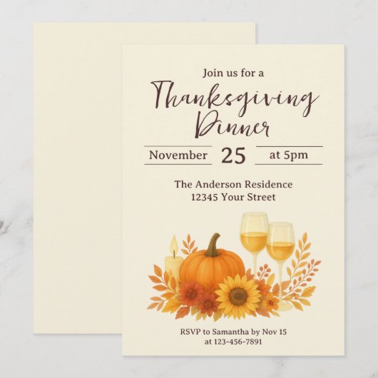 Autumn Celebration - Elegant Gold Thanksgiving 招待状 (正面/裏面)